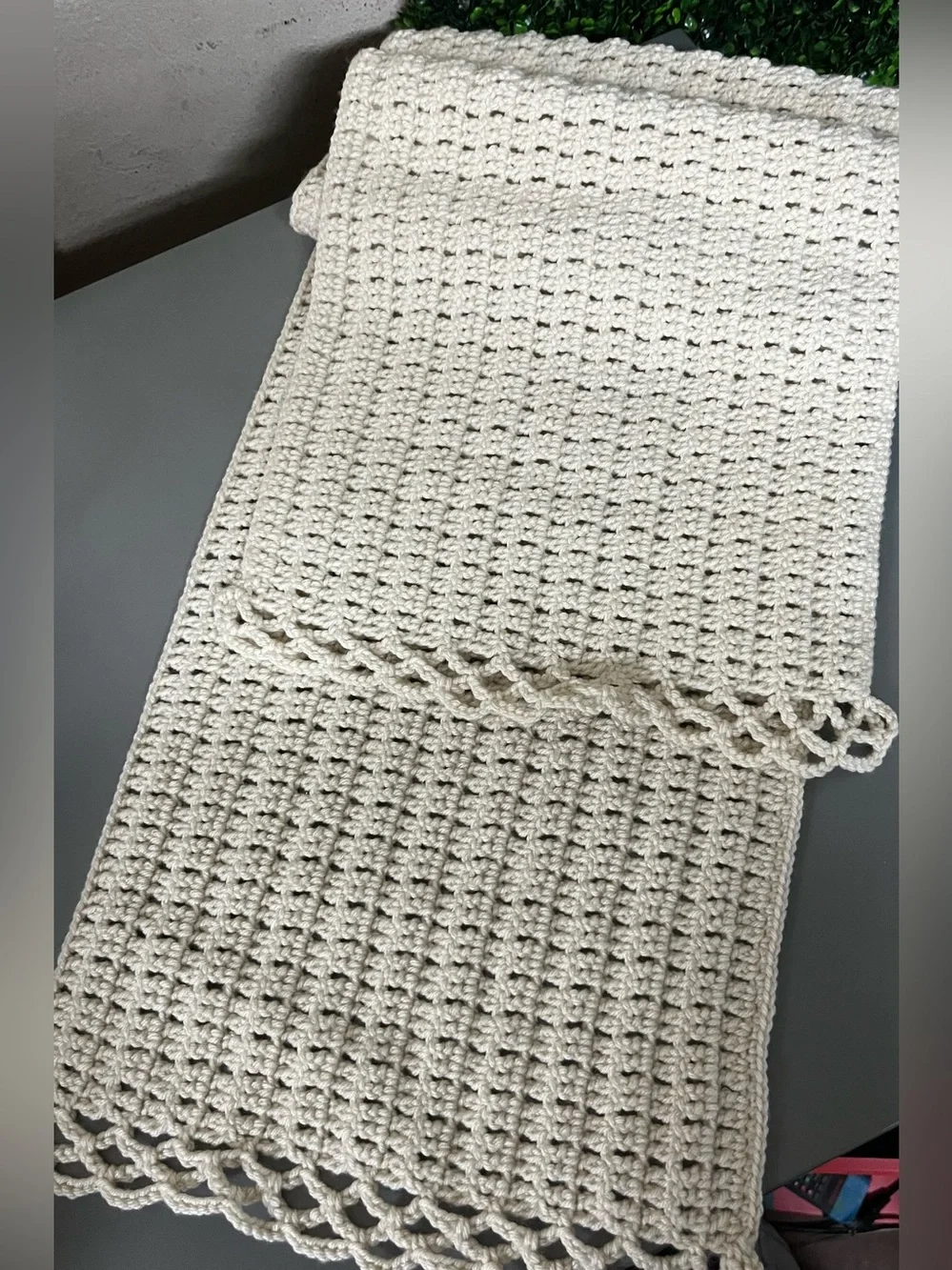 Handmade Crochet Cream Runner Style Throw Blanket Farmhouse Cozy Accent